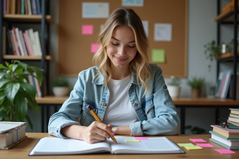 Jeune femme concentrée avec notes et surligneurs dans un espace cosy