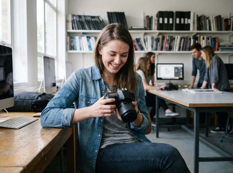 Jeune femme en train de revoir des photos avec un DSLR dans une classe lumineuse