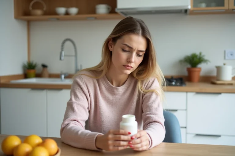 Jeune femme en intérieur lisant un supplément dans une cuisine moderne
