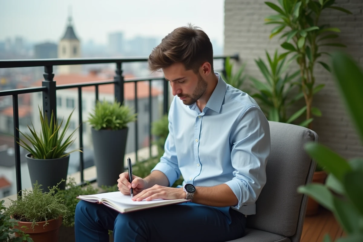 Jeune homme prenant des notes sur un balcon urbain