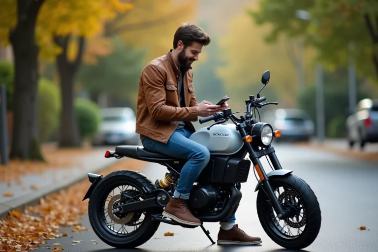 Jeune homme en veste vintage sur moto électrique en extérieur