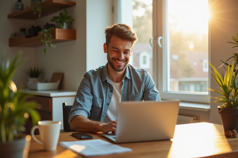 Jeune homme souriant utilisant un ordinateur à la maison