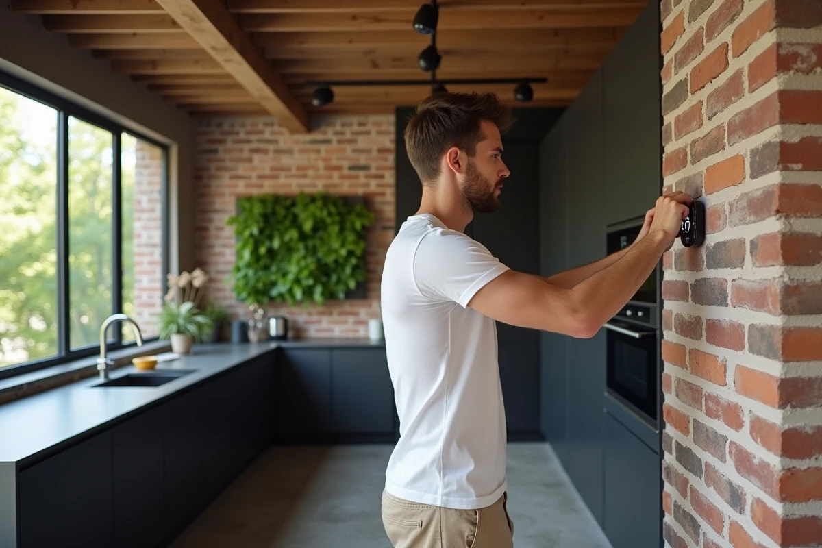 Jeune homme ajustant un thermostat dans une cuisine moderne