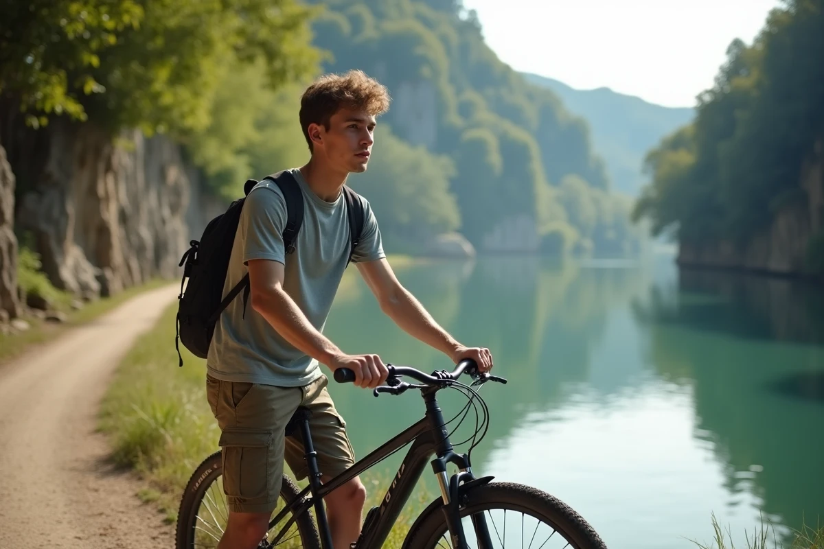 Jeune homme avec vélo au bord de la rivière dans les Gorges du Tarn