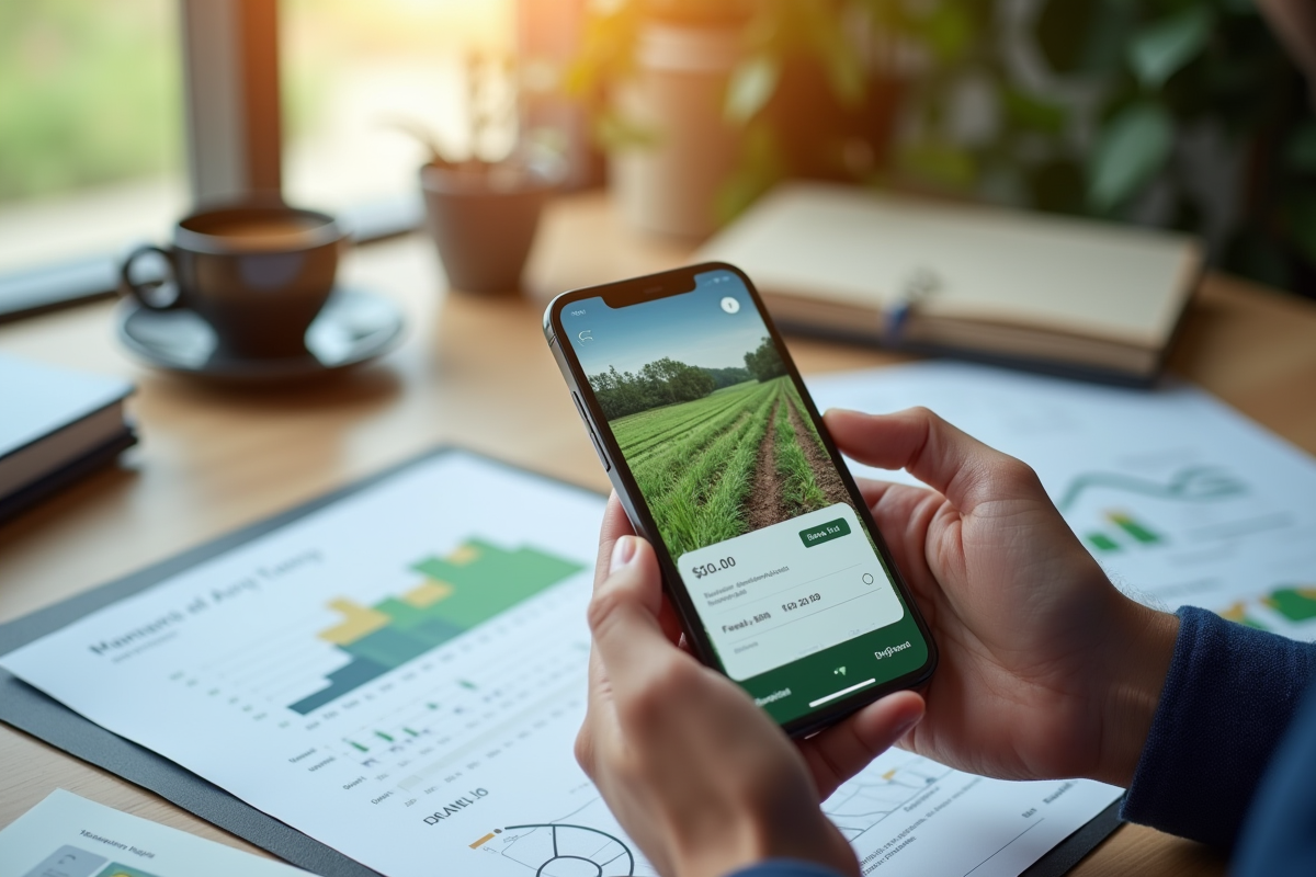 Mains tenant un smartphone avec une application agricole dans un bureau