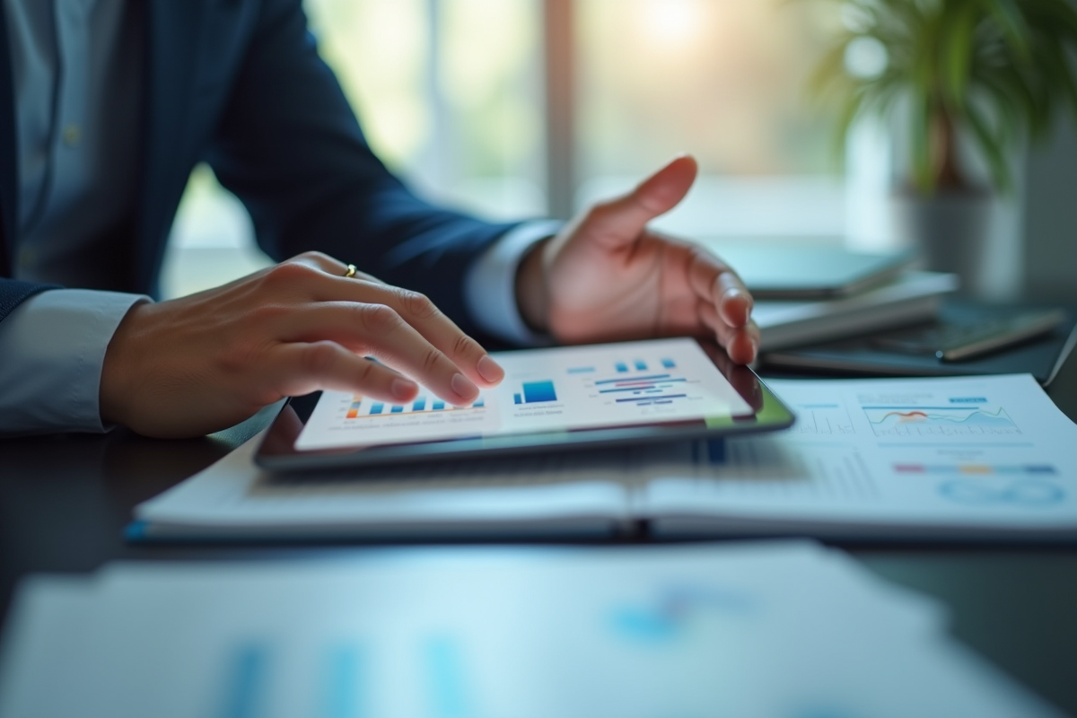 Mains utilisant une tablette avec graphiques et documents numériques