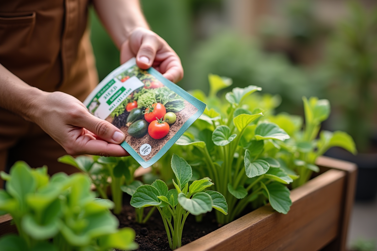 Mains tenant sachet de graines de légumes au-dessus de plantes vertes