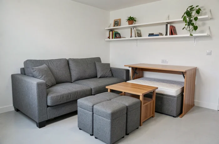 Studio compact avec canapé convertible déplié, bureau mural rabattable et ottomans de rangement illustrant le mobilier multifonction