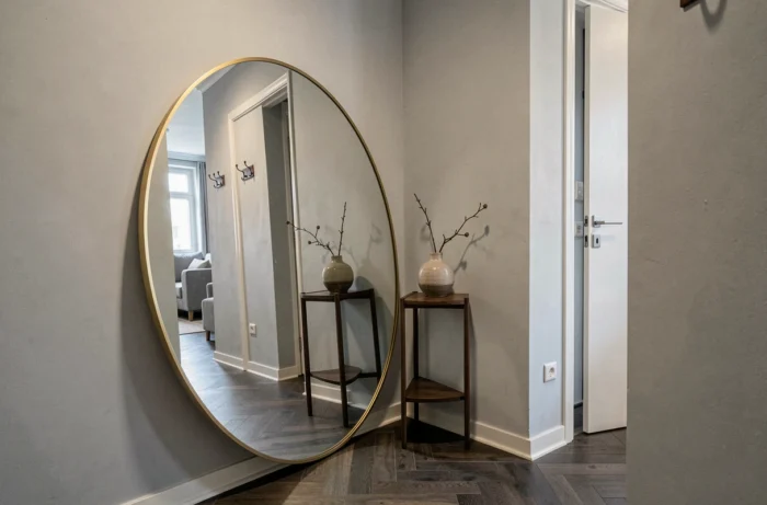 Grand miroir rond à cadre en laiton posé en appui contre un mur dans un couloir, reflétant la pièce pour l'agrandir visuellement