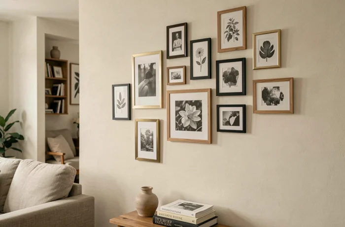 Mur de salon avec une composition asymétrique de cadres de tailles et styles variés affichant des photos et illustrations