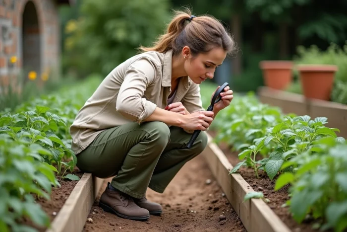Femme naturaliste observant des indices de présence de couleuvre dans un potager