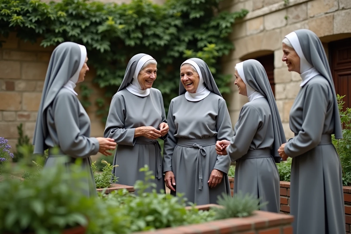 Groupe de nonnes âgées dans le jardin du couvent