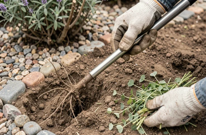 Gros plan d'un outil de désherbage extrayant une racine profonde du sol d'un jardin