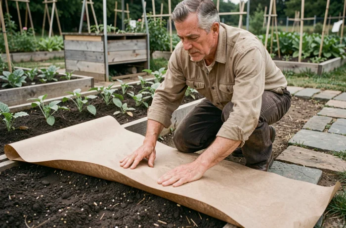 Homme posant du paillis en papier kraft pour protéger un potager contre les mauvaises herbes