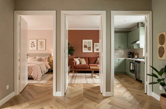 Vue en enfilade de trois pièces avec palettes de couleurs distinctes — rose poudré, terracotta et vert sauge — reliées par un parquet continu