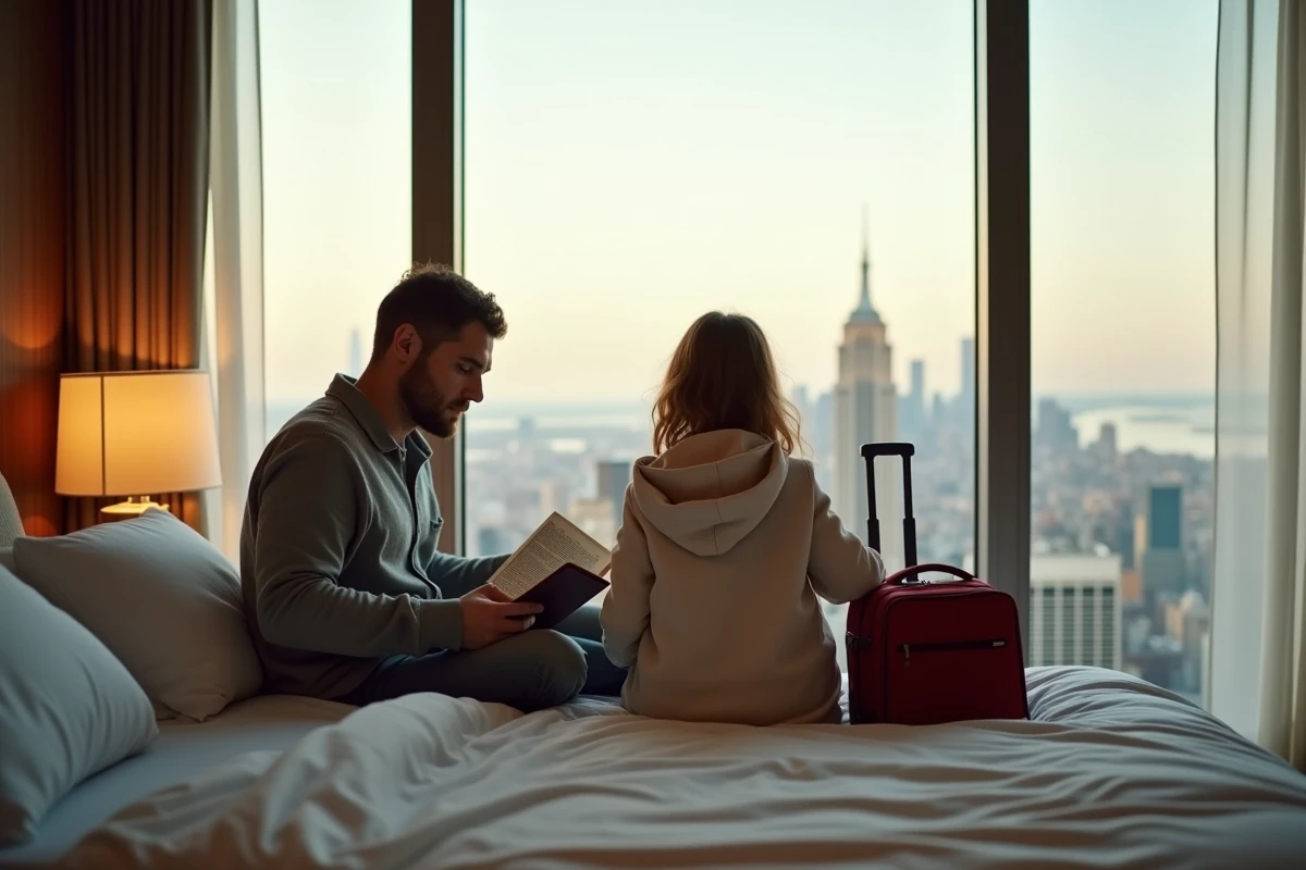 Père et fille assis sur le lit d
