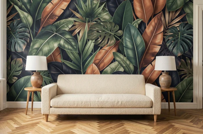 Mur panoramique recouvert d'un papier peint botanique grand format en vert, marine et terracotta derrière un canapé bouclé crème