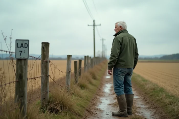 Parcelle agricole en fermage avec agriculteur inspectant les limites du terrain en automne