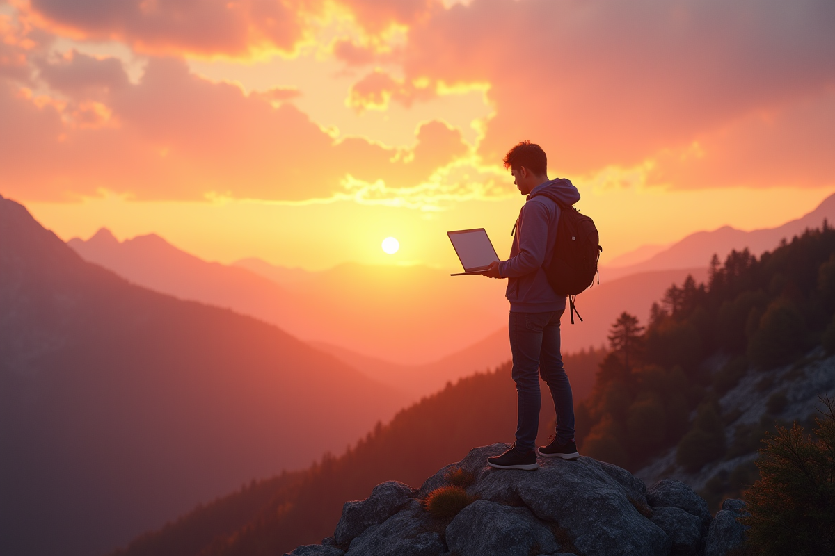 Personne sur une montagne au lever du soleil avec un ordinateur portable