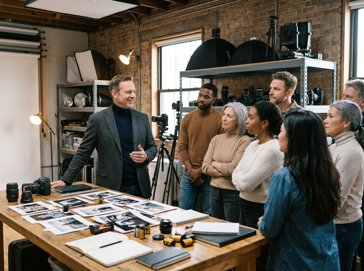 Photographe expérimenté enseignant à un groupe dans un studio professionnel