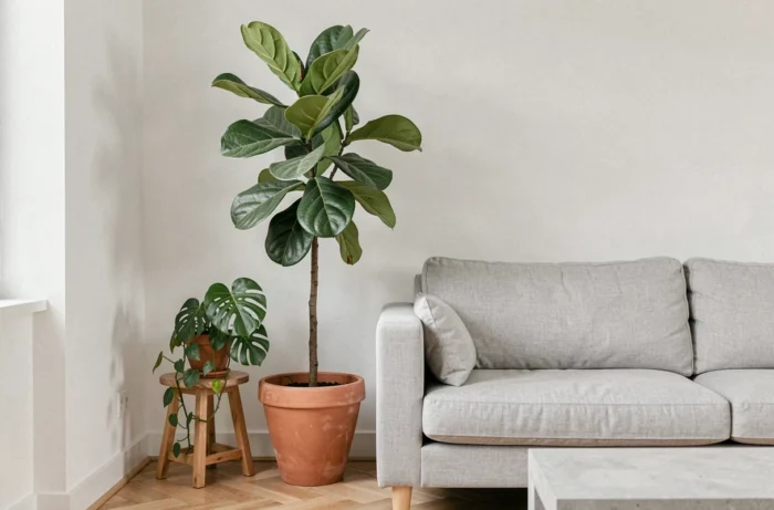 Coin salon avec un grand ficus lyrata en pot de terre cuite, monstera et pothos apportant de la verticalité et de la verdure