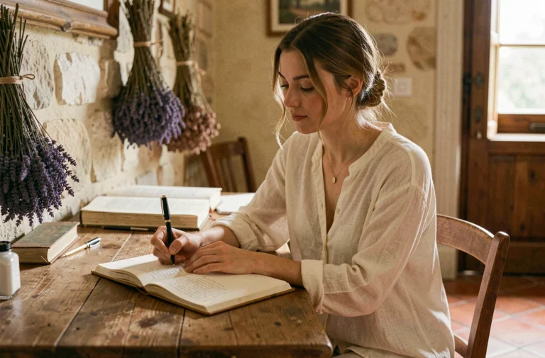 Jeune femme écrivant son prénom Manon dans un journal ancien dans un intérieur français rustique