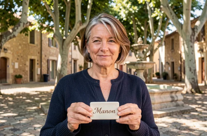 Femme tenant une plaque en céramique gravée du prénom Manon dans un village provençal authentique