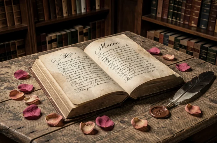 Livre ancien ouvert avec le prénom Manon en calligraphie élégante entouré d'éléments vintage