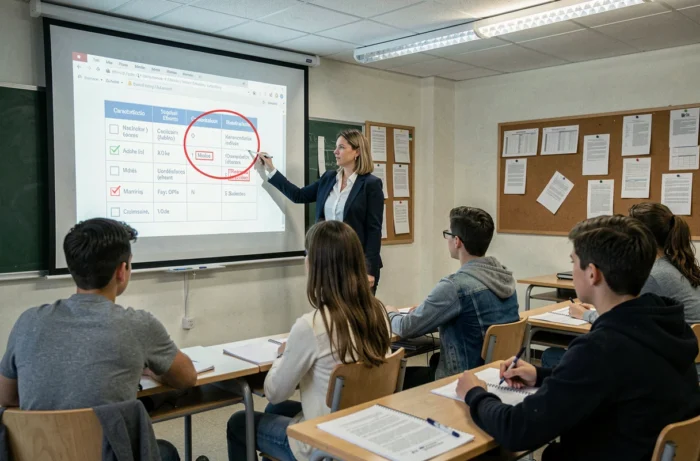 Professeure de STMG corrigeant les erreurs courantes d'un tableau de caractérisation en classe devant des élèves attentifs