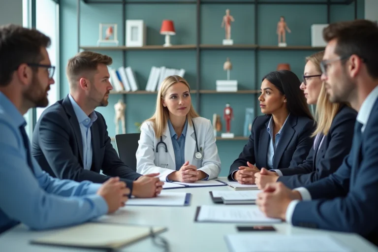 Groupe de professionnels de santé en réunion dans un bureau moderne