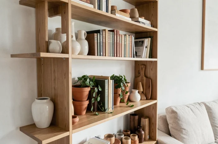 Étagère ouverte en chêne avec objets rangés par famille visuelle : céramiques blanches, livres ton sur ton et poteries terracotta groupées
