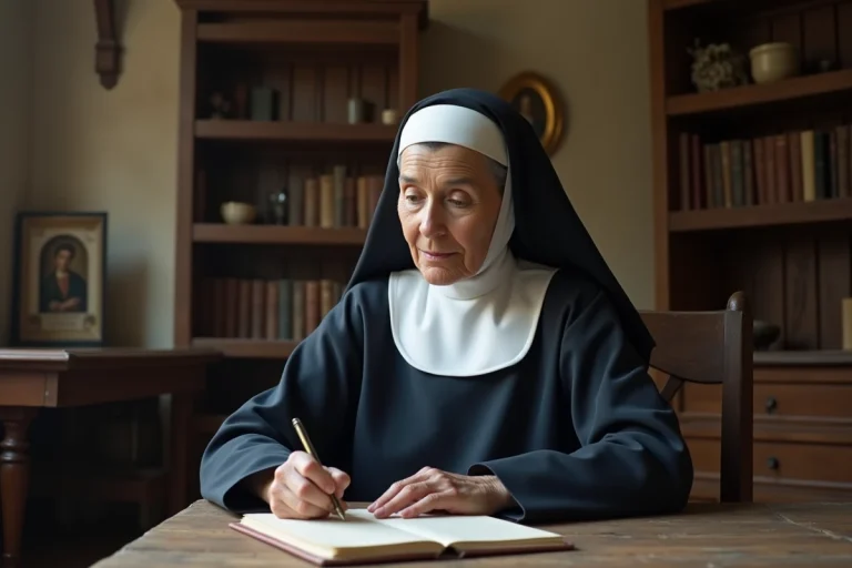 Soeur religieuse écrivant des notes dans une pièce modeste