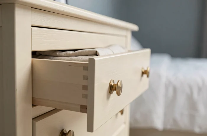 Gros plan sur les nouvelles poignées en laiton brossé installées sur un meuble peint en blanc cassé, remplacement de quincaillerie ancienne
