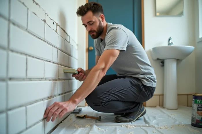 Homme réalisant des travaux de rejointoiement de carrelage dans une salle de bain en cours de rénovation