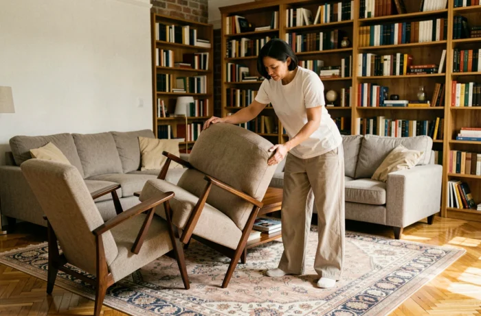 Personne en train de repositionner un fauteuil mi-siècle en diagonale lors d'une réorganisation du mobilier du salon