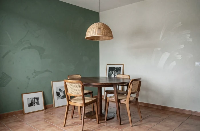 Pan de mur unique repeint en vert sauge soutenu dans une salle à manger avec table en noyer et chaises en rotin