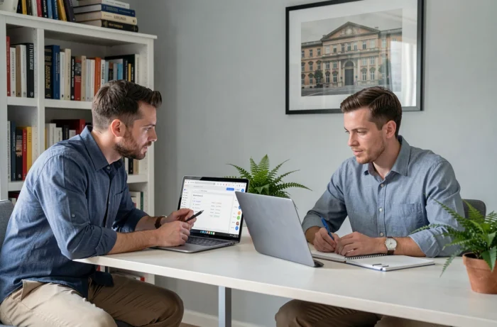 Deux collègues en réunion à distance révisant un planning de projet collaboratif sur ordinateur portable dans un bureau à domicile