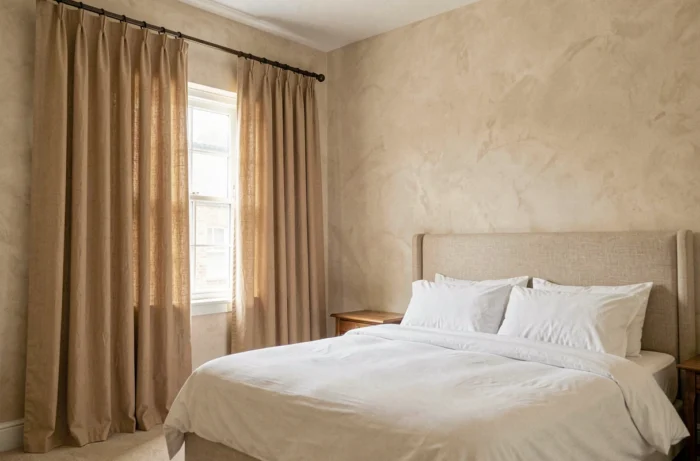 Rideaux en lin sable suspendus bien au-dessus de la fenêtre pour agrandir visuellement la hauteur du plafond dans une chambre