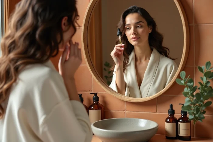 Femme appliquant un sérum bio naturel sur son visage dans une salle de bain en matériaux naturels avec des cosmétiques écologiques en flacons ambrés