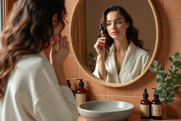 Femme appliquant un sérum bio naturel sur son visage dans une salle de bain en matériaux naturels avec des cosmétiques écologiques en flacons ambrés