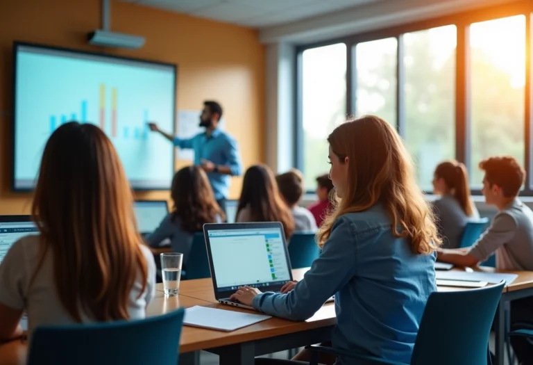 Salle de classe moderne avec élèves et tableau interactif
