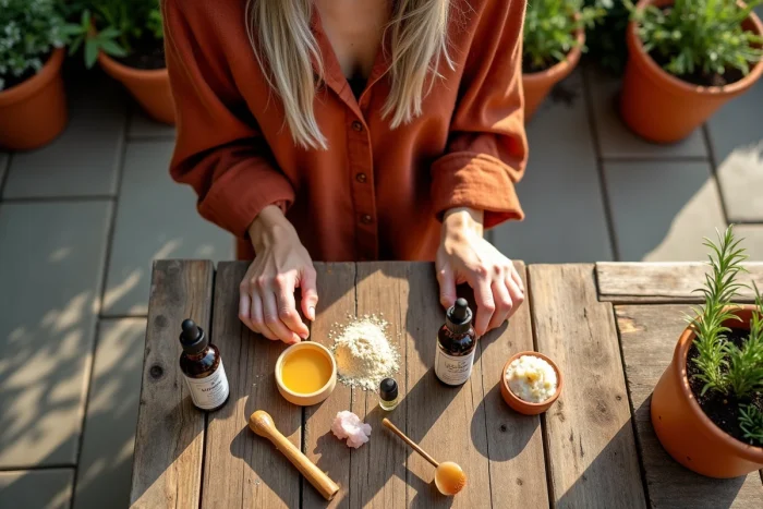 Femme arrangeant une sélection de cosmétiques bio et naturels en flat lay sur une table en bois rustique entourée de plantes aromatiques en terrasse