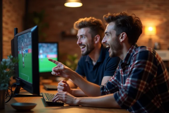 Deux amis regardant un match en direct sur un écran d'ordinateur lors d'une soirée foot