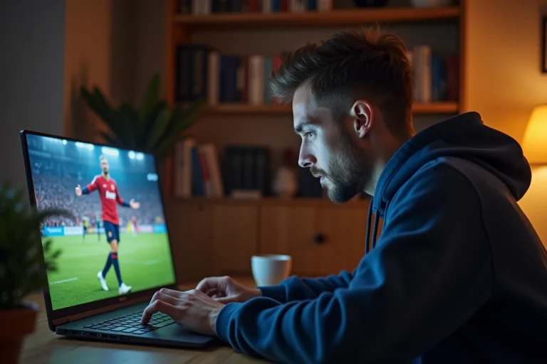 Homme regardant un match de football en streaming sur son ordinateur portable à domicile