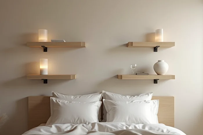 Deux tables de chevet murales en chêne installées symétriquement de chaque côté d'un lit dans une chambre scandinave minimaliste