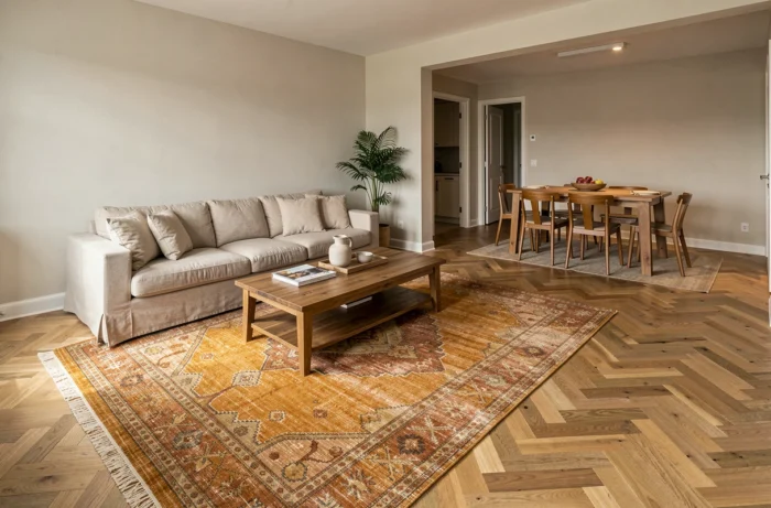 Tapis flatweave en ocre et rouille délimitant visuellement l'espace salon dans un appartement à plan ouvert avec parquet en arête de poisson