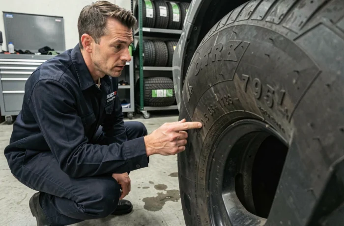 Technicien automobile examinant l'indice de charge marqué sur le flanc d'un pneu dans un atelier professionnel