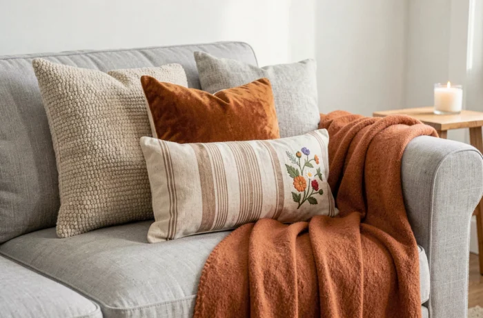 Canapé en lin gris agrémenté d'un mélange de coussins en velours, tricot chunky et coton rayé avec un plaid en laine terracotta