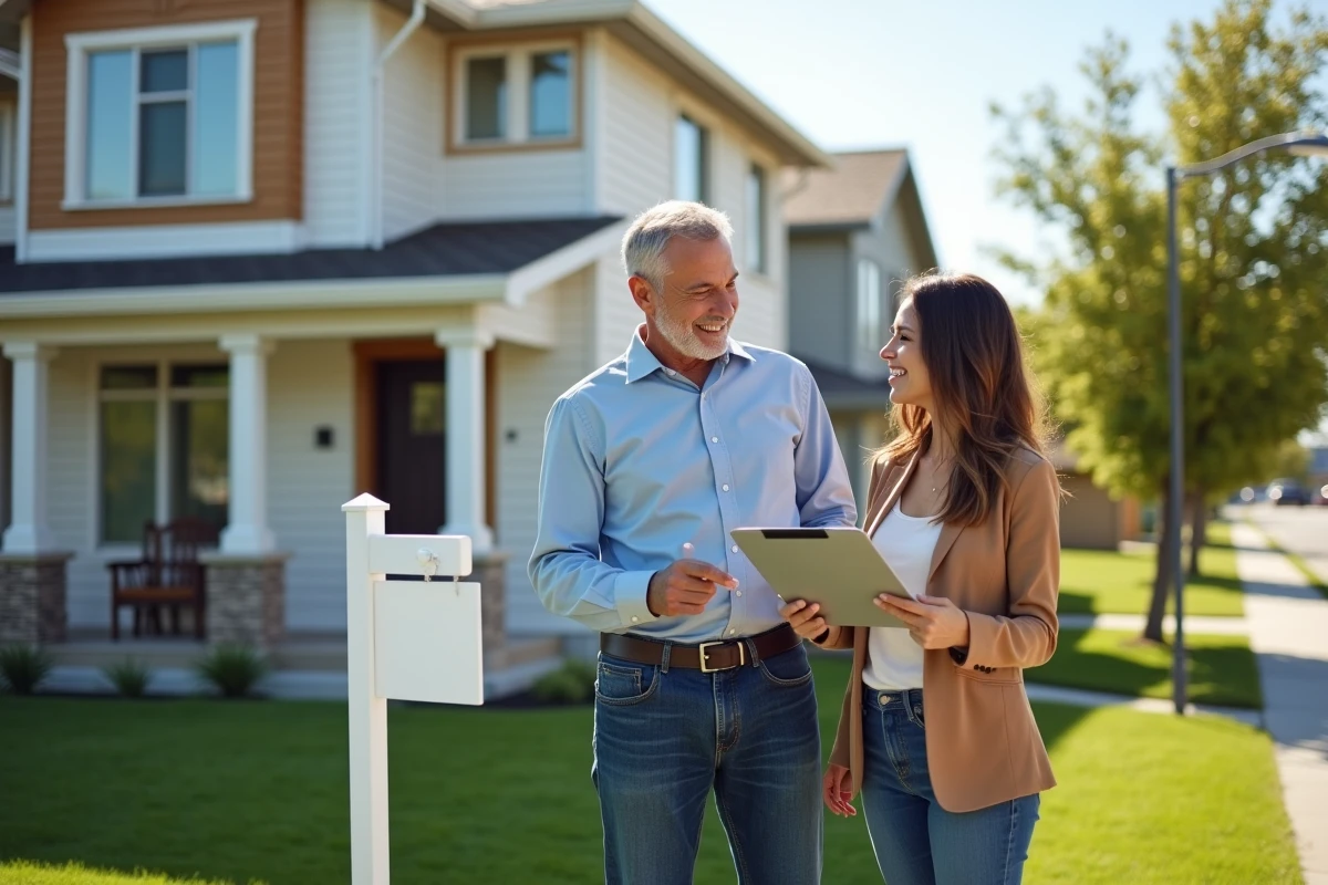 Homme et femme examinant une maison a vendre devant la facade