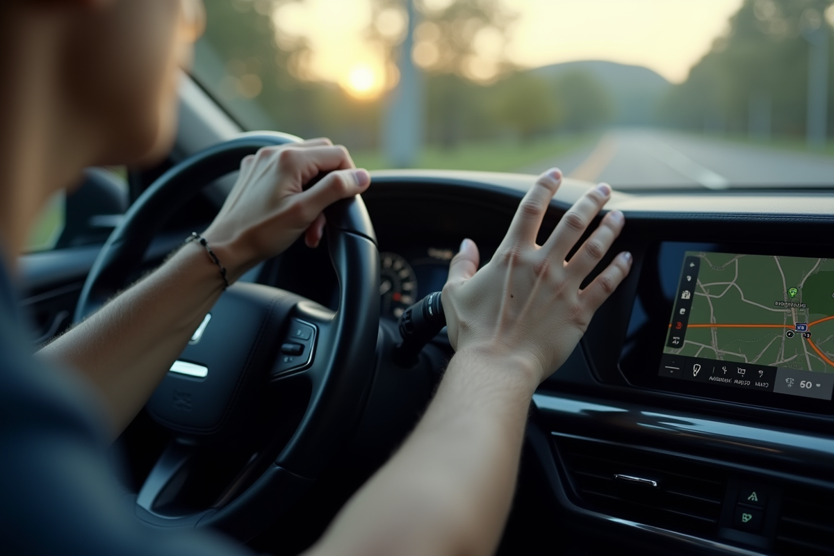 Main du conducteur sur le tableau de bord avec GPS dans la voiture